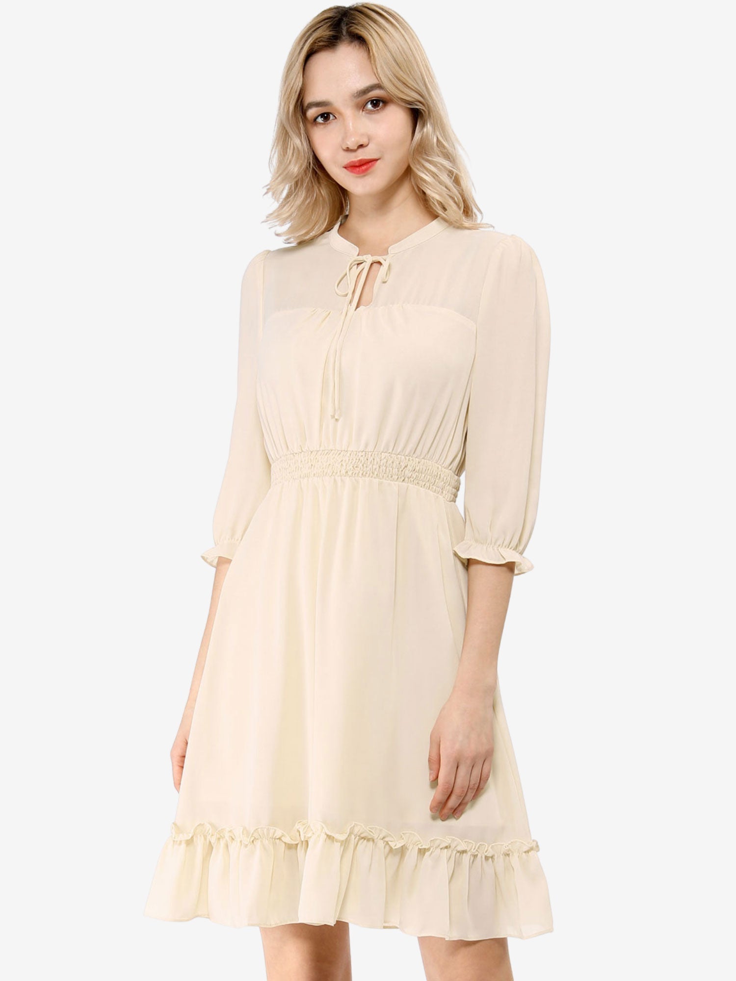 Ruffle Hem 3/4 Sleeve A-Line Smocked Midi Chiffon Dress