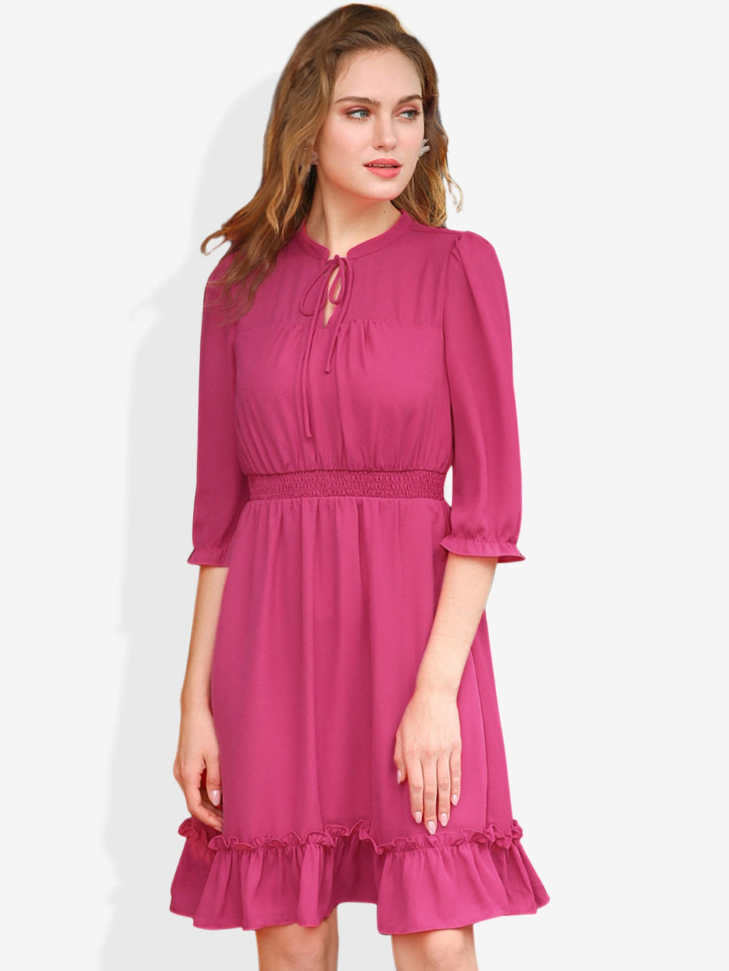 Ruffle Hem 3/4 Sleeve A-Line Smocked Midi Chiffon Dress