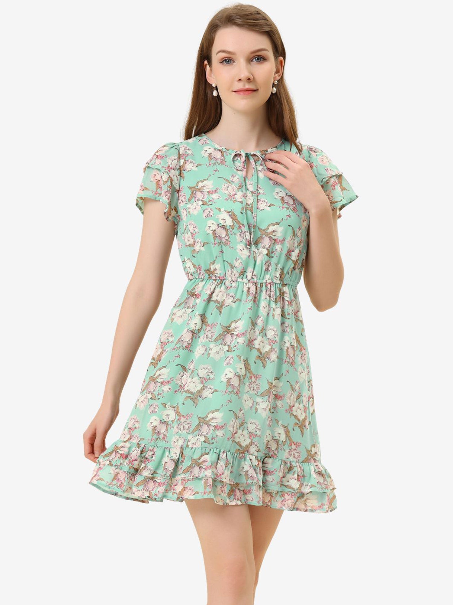 Ruffle Sleeve V Neck Above Knee A-Line Floral Chiffon Dress