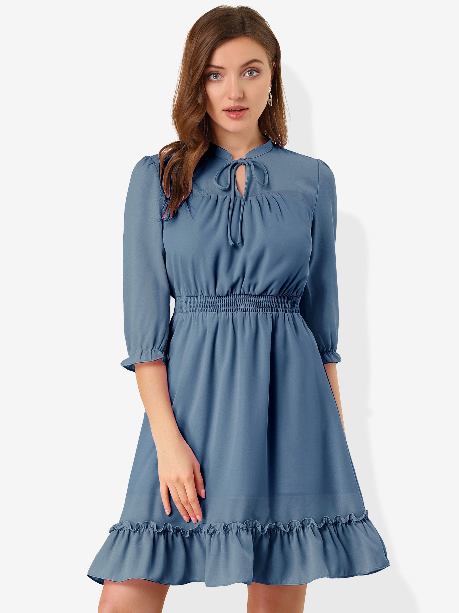 Ruffle Hem 3/4 Sleeve A-Line Smocked Midi Chiffon Dress