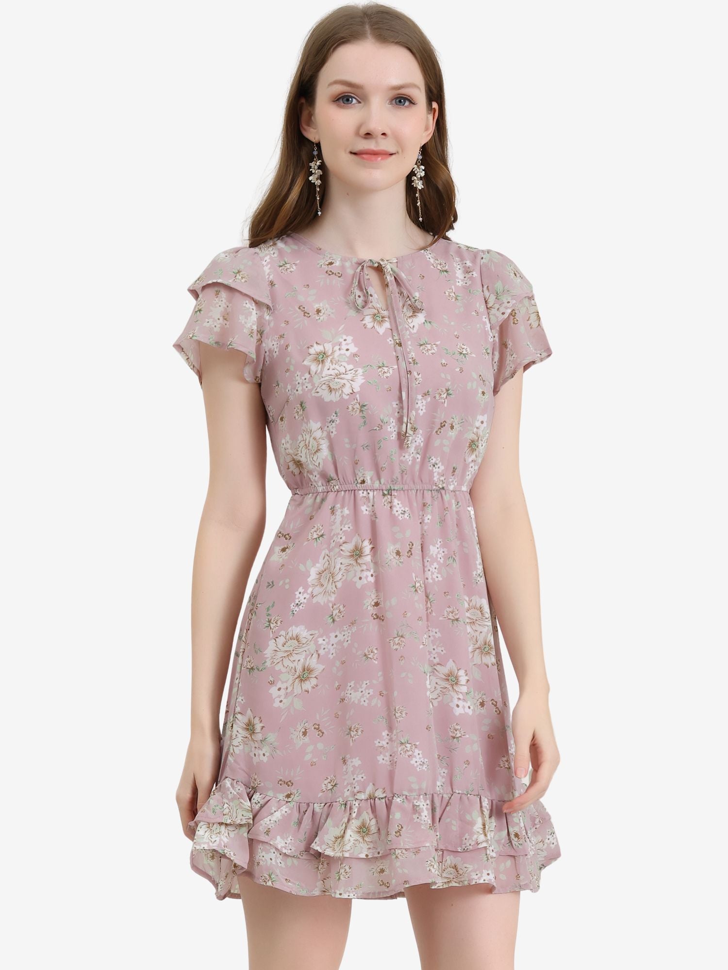 Ruffle Sleeve V Neck Above Knee A-Line Floral Chiffon Dress