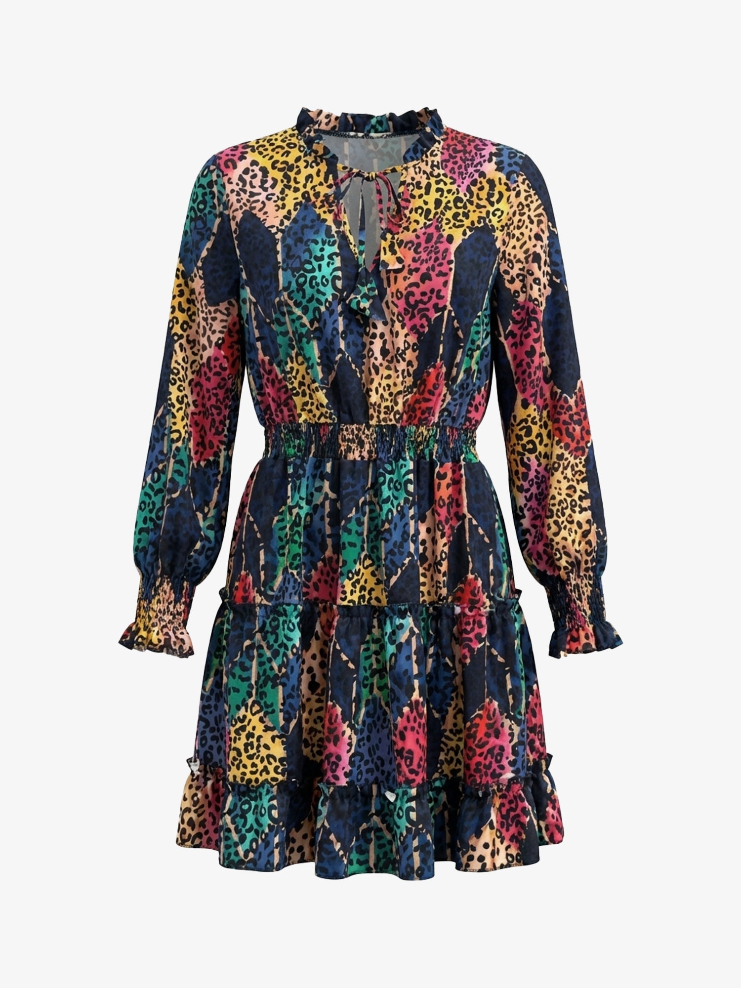 Leopard V Neck Smocked Ruffled Tiered Mini Dress