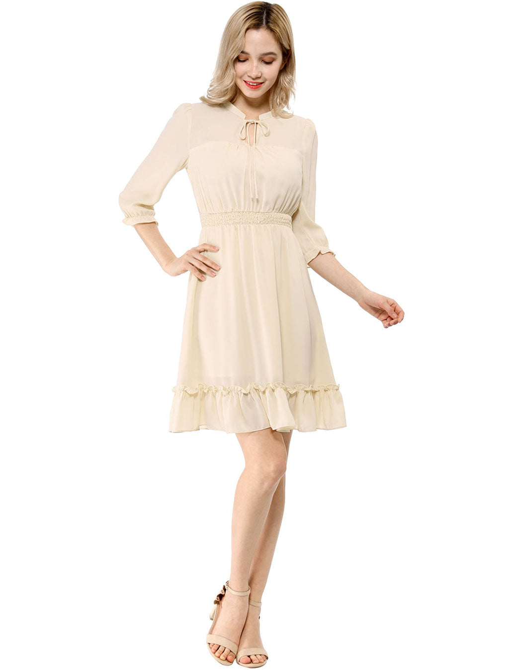 Ruffle Hem 3/4 Sleeve A-Line Smocked Midi Chiffon Dress