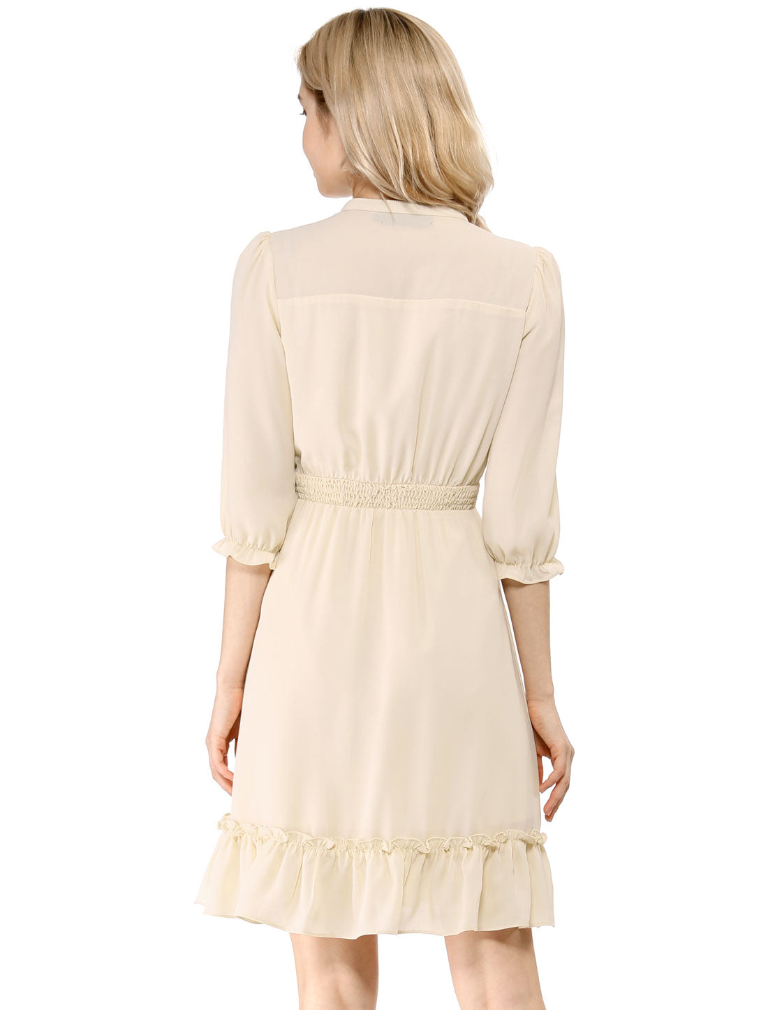 Ruffle Hem 3/4 Sleeve A-Line Smocked Midi Chiffon Dress