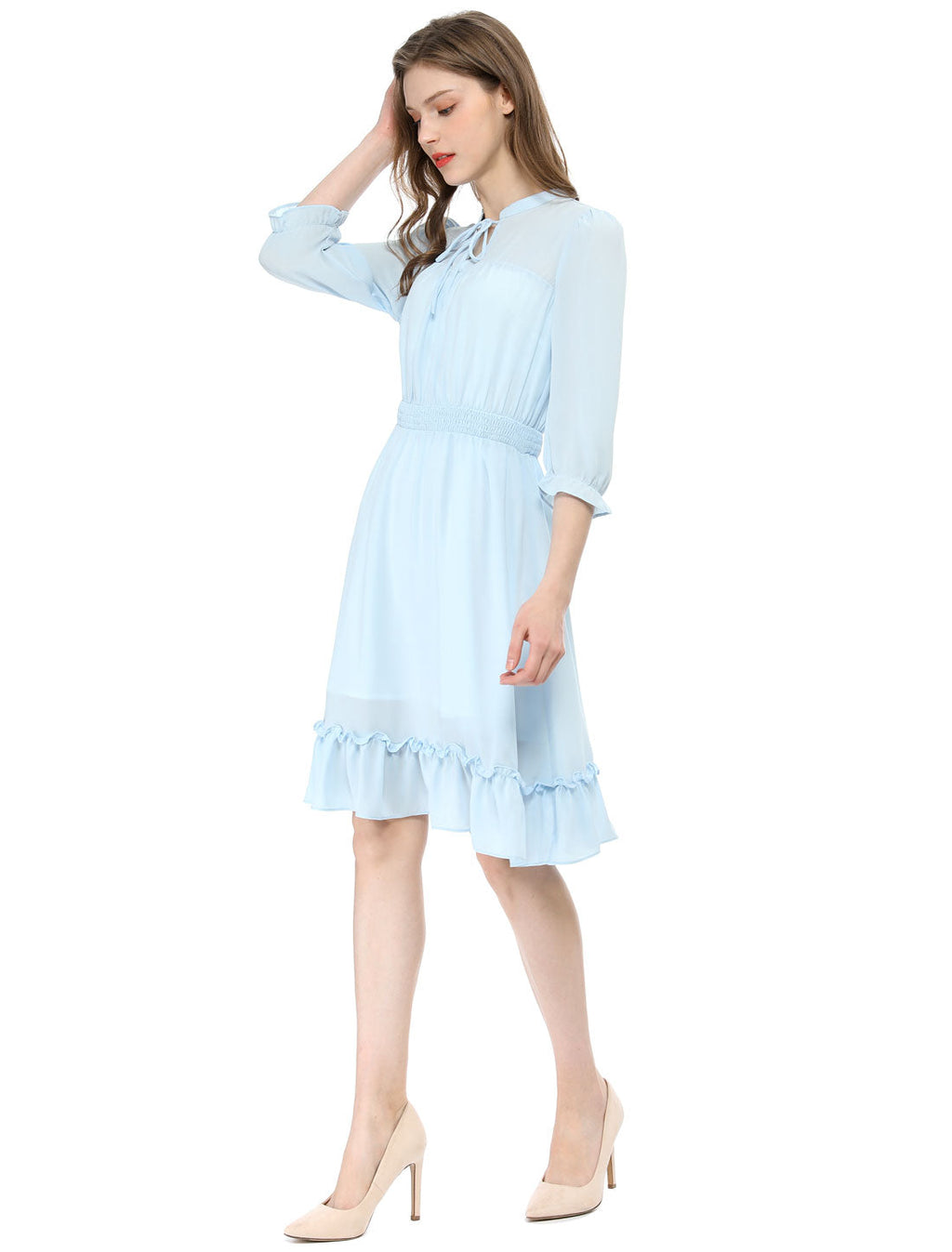 Ruffle Hem 3/4 Sleeve A-Line Smocked Midi Chiffon Dress