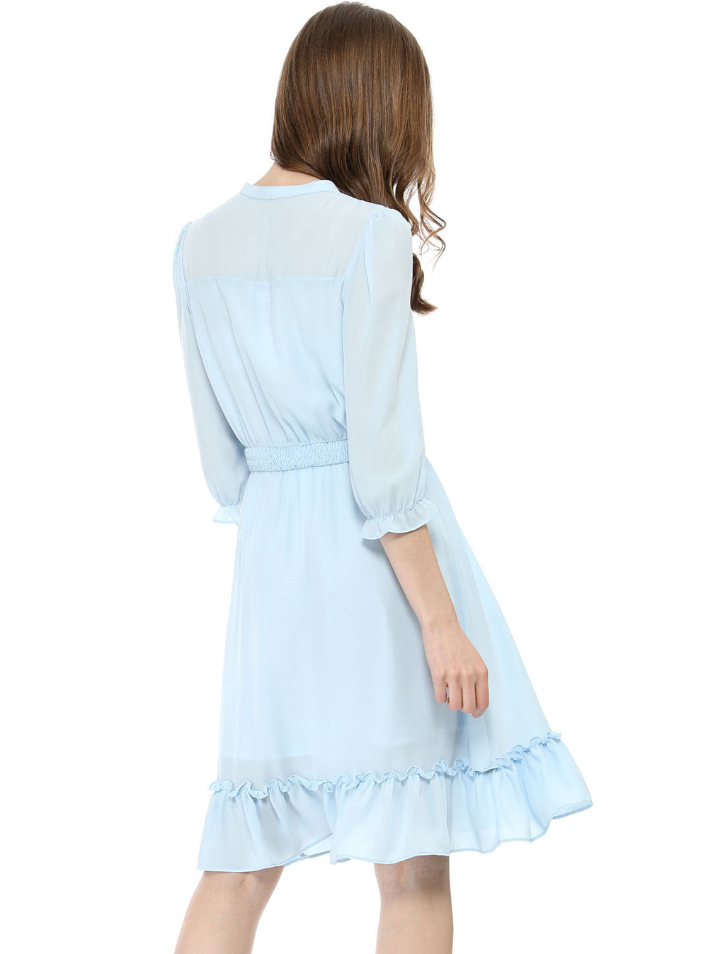 Ruffle Hem 3/4 Sleeve A-Line Smocked Midi Chiffon Dress