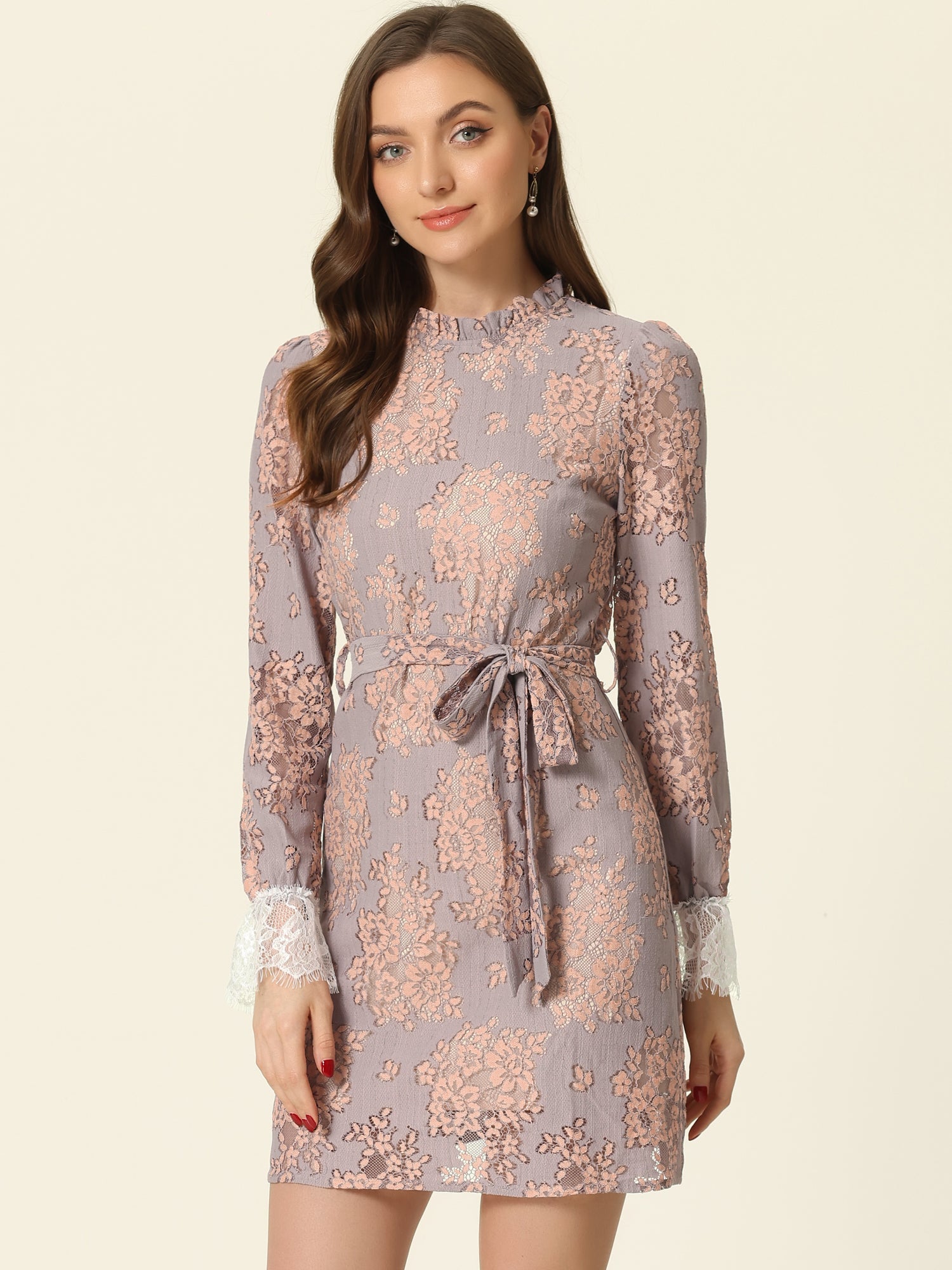 Lace Floral Ruffle Crew Neck Cocktail Mini Dress