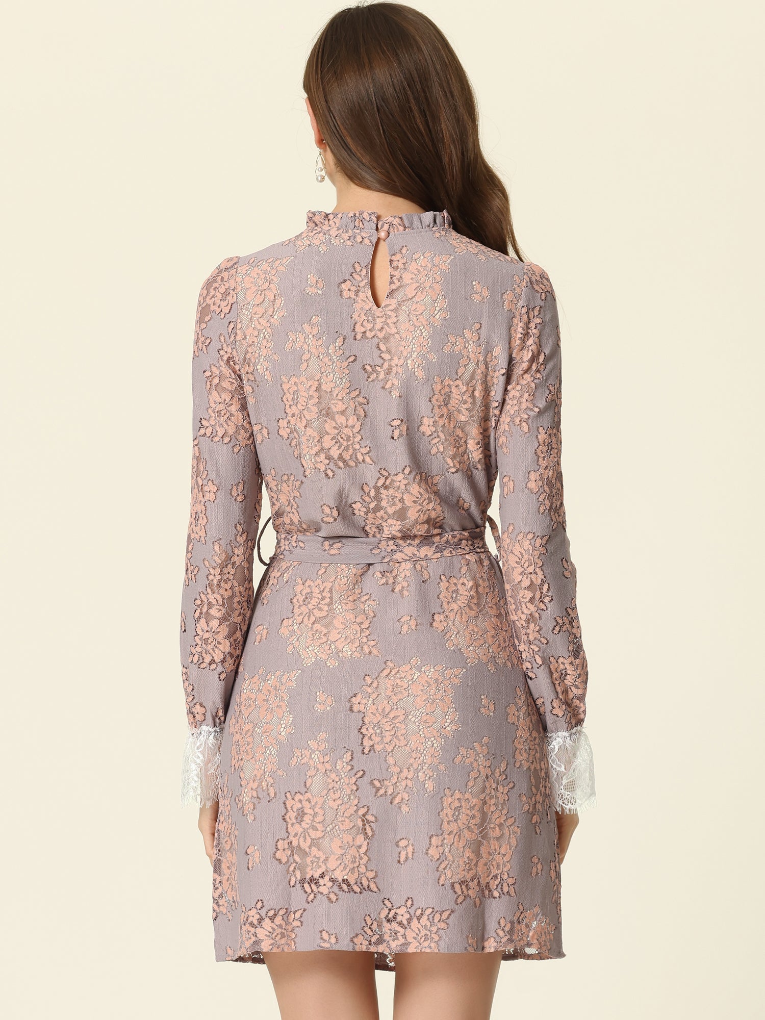 Lace Floral Ruffle Crew Neck Cocktail Mini Dress
