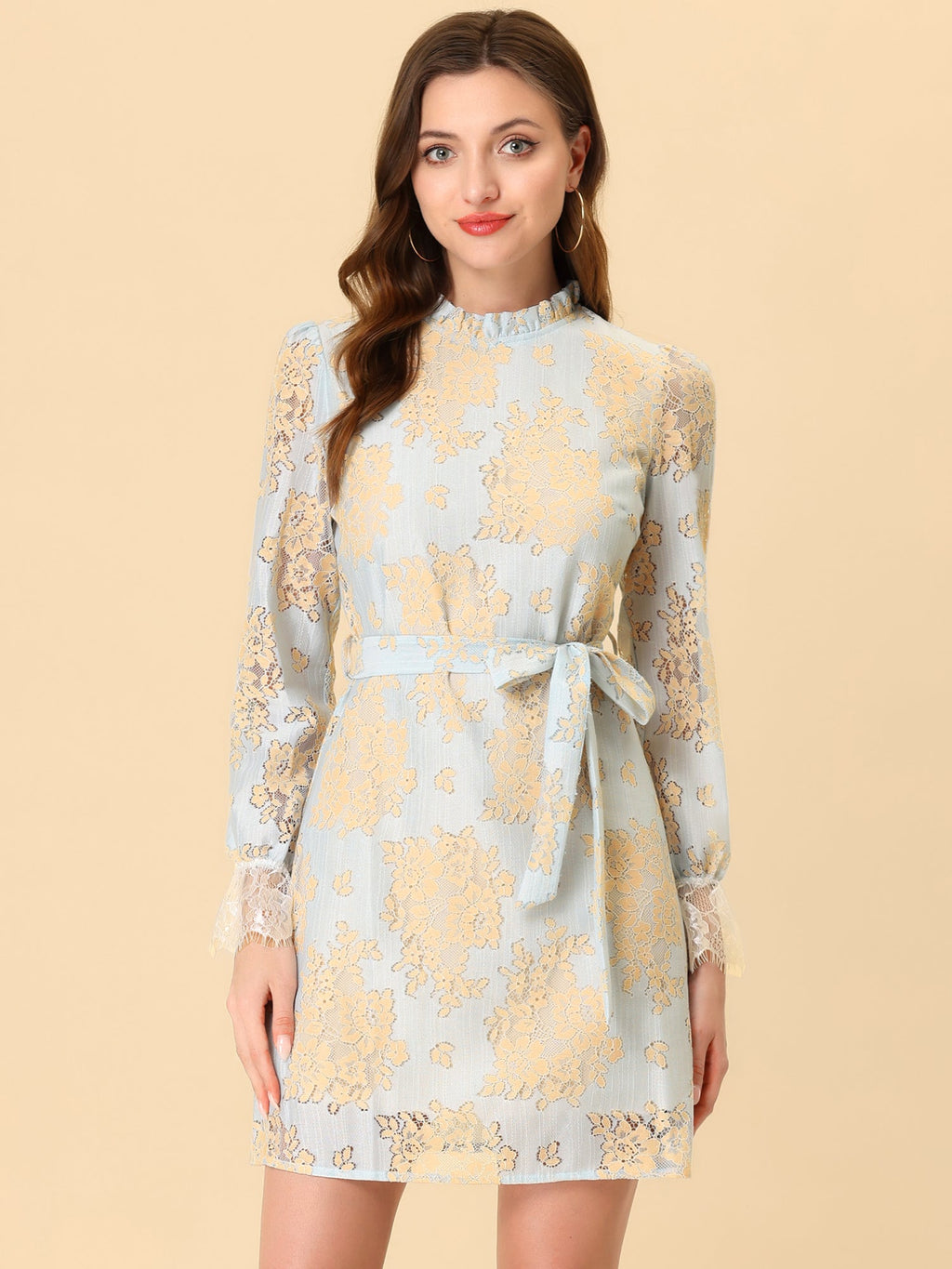 Lace Floral Ruffle Crew Neck Cocktail Mini Dress