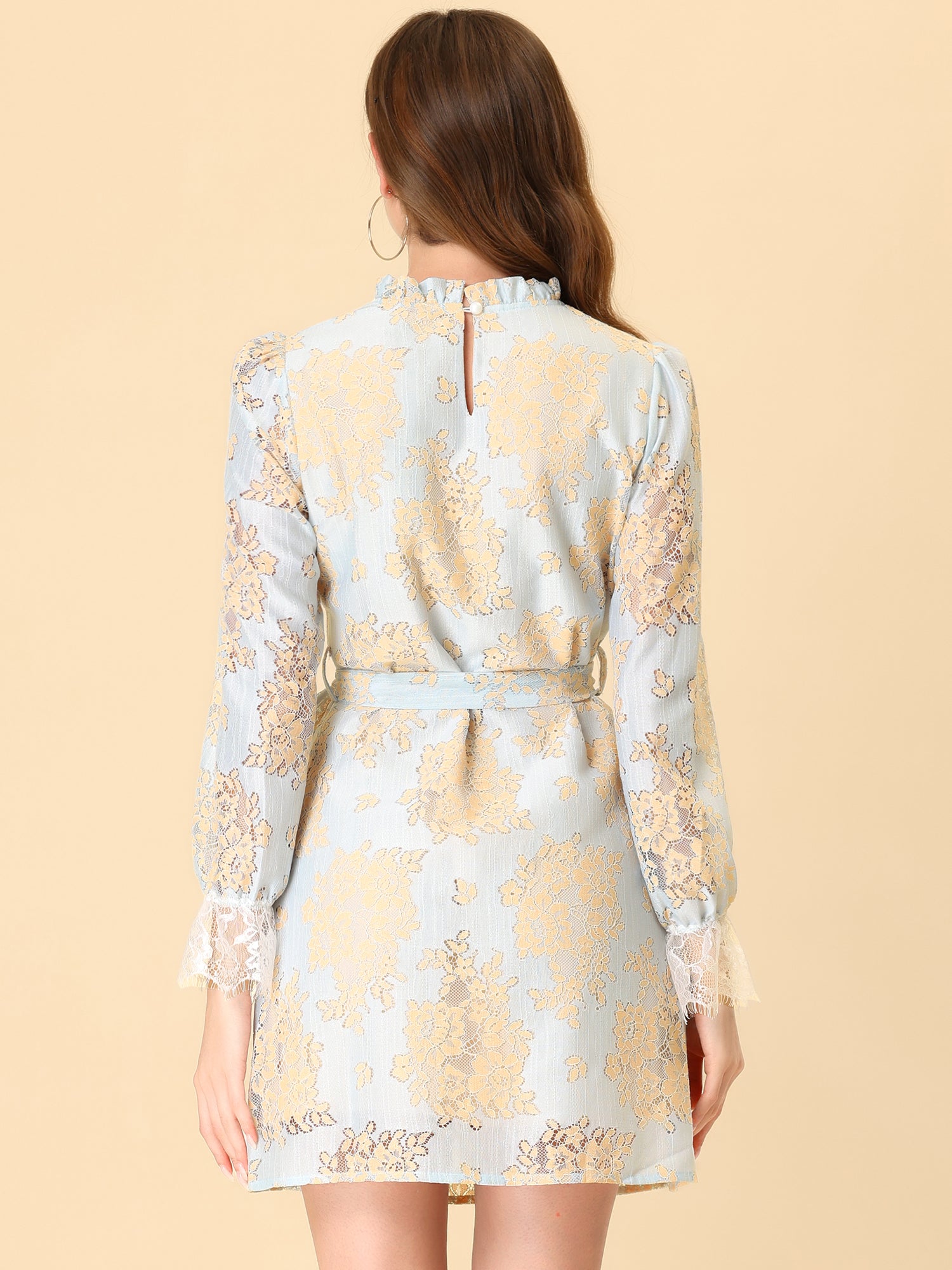 Lace Floral Ruffle Crew Neck Cocktail Mini Dress