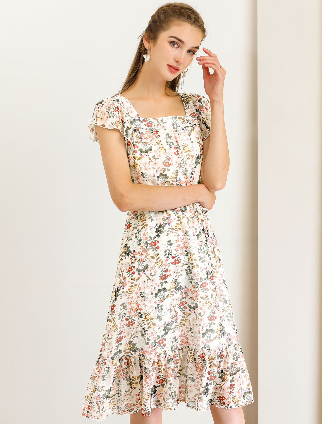 Floral Chiffon Flutter Sleeve Belted Square Neck Ruffled Hem Dress