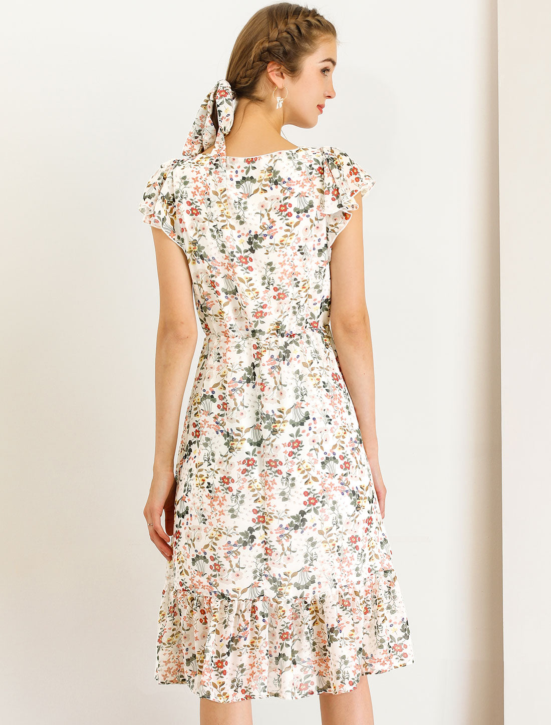 Floral Chiffon Flutter Sleeve Belted Square Neck Ruffled Hem Dress