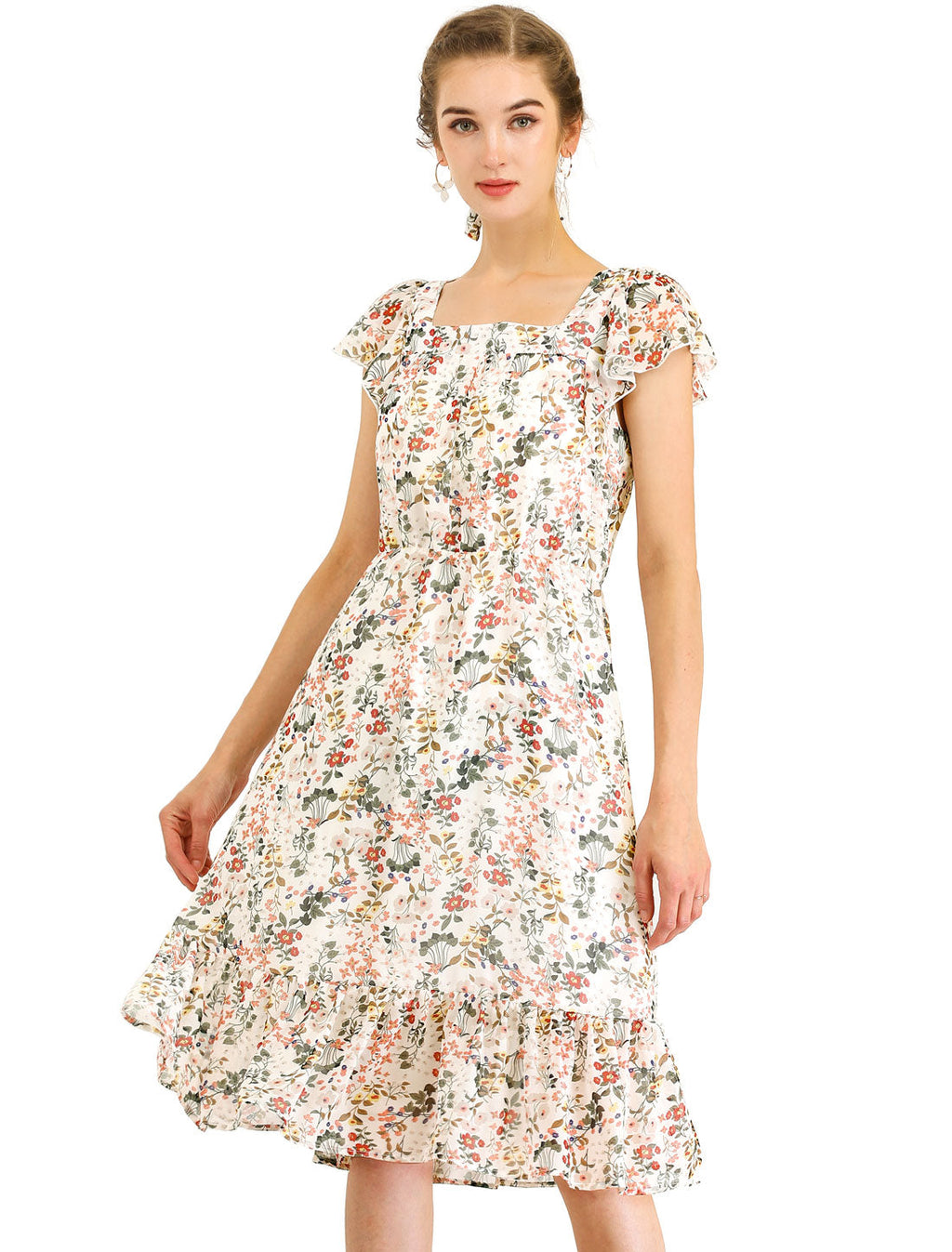 Floral Chiffon Flutter Sleeve Belted Square Neck Ruffled Hem Dress