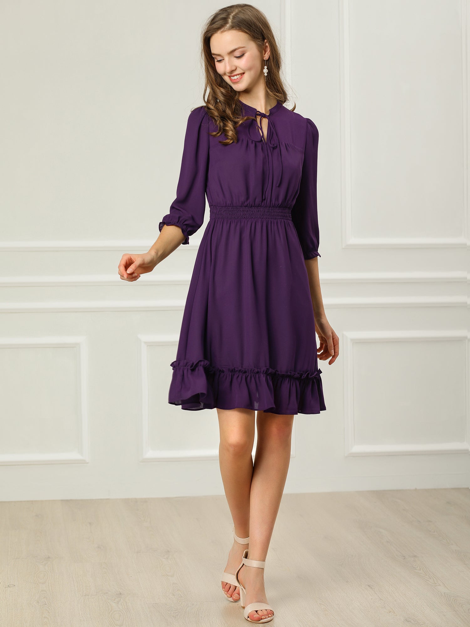 Ruffle Hem 3/4 Sleeve A-Line Smocked Midi Chiffon Dress