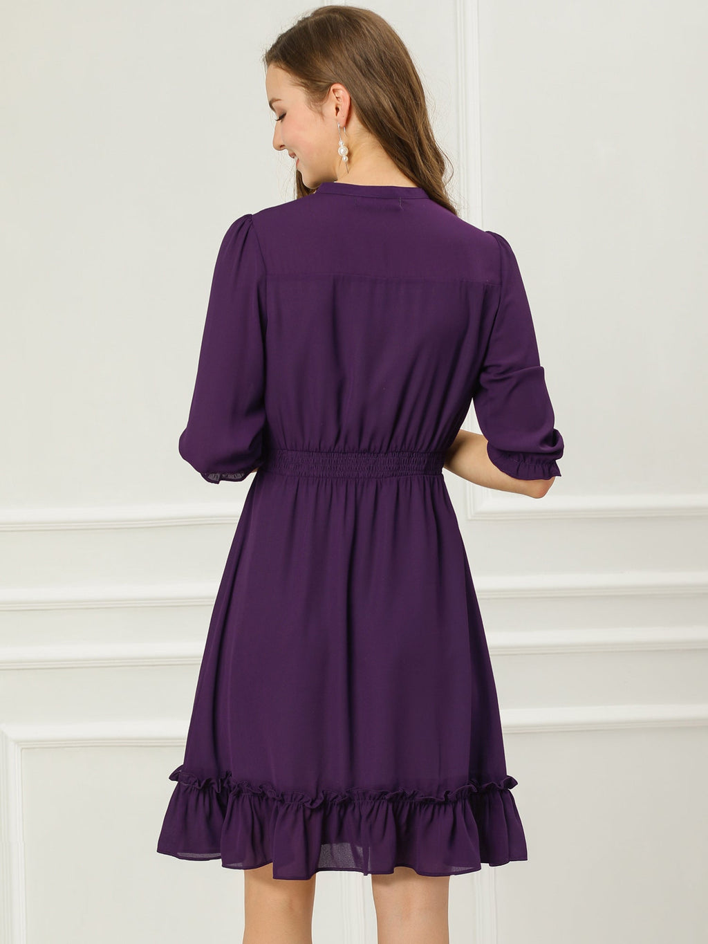 Ruffle Hem 3/4 Sleeve A-Line Smocked Midi Chiffon Dress