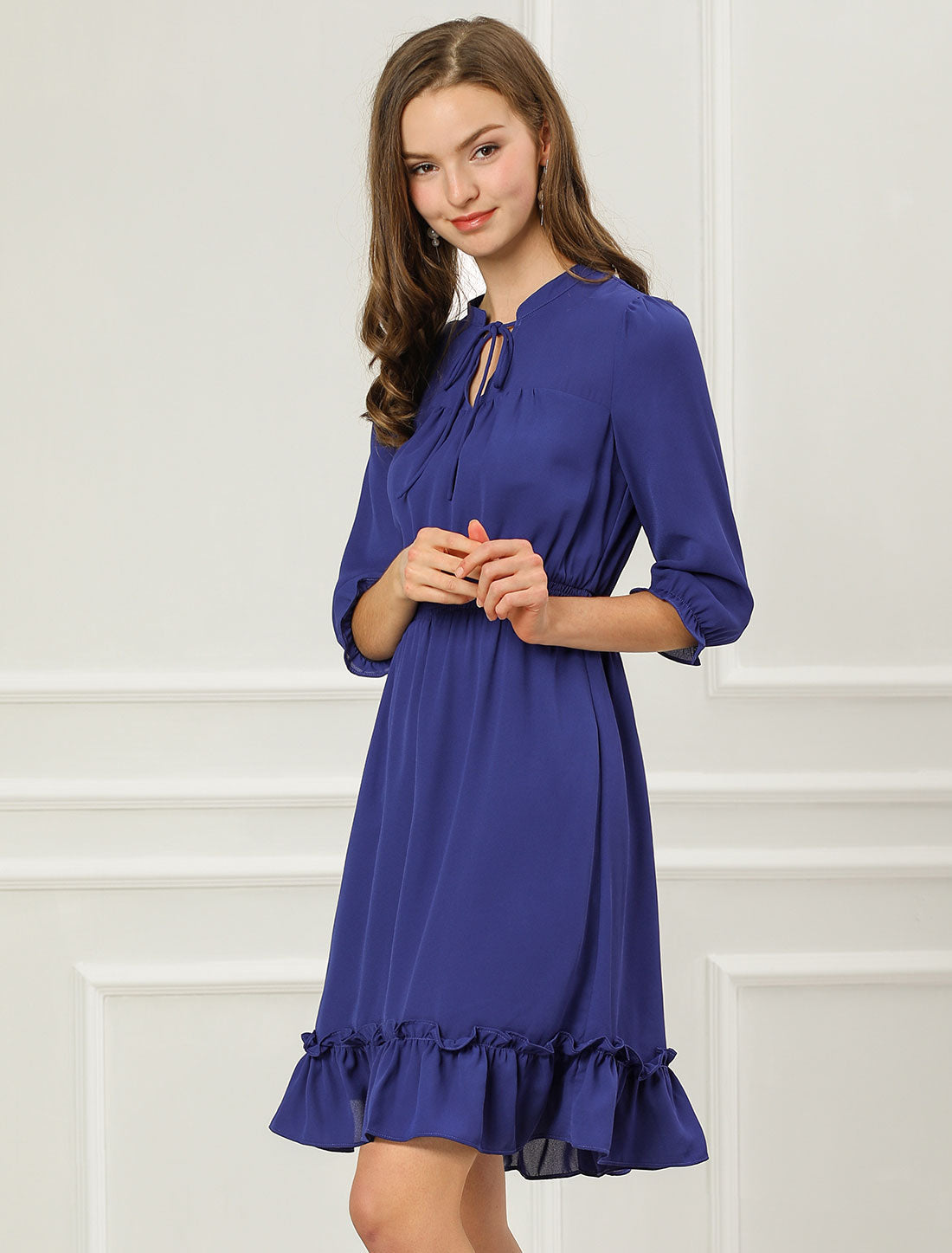 Ruffle Hem 3/4 Sleeve A-Line Smocked Midi Chiffon Dress