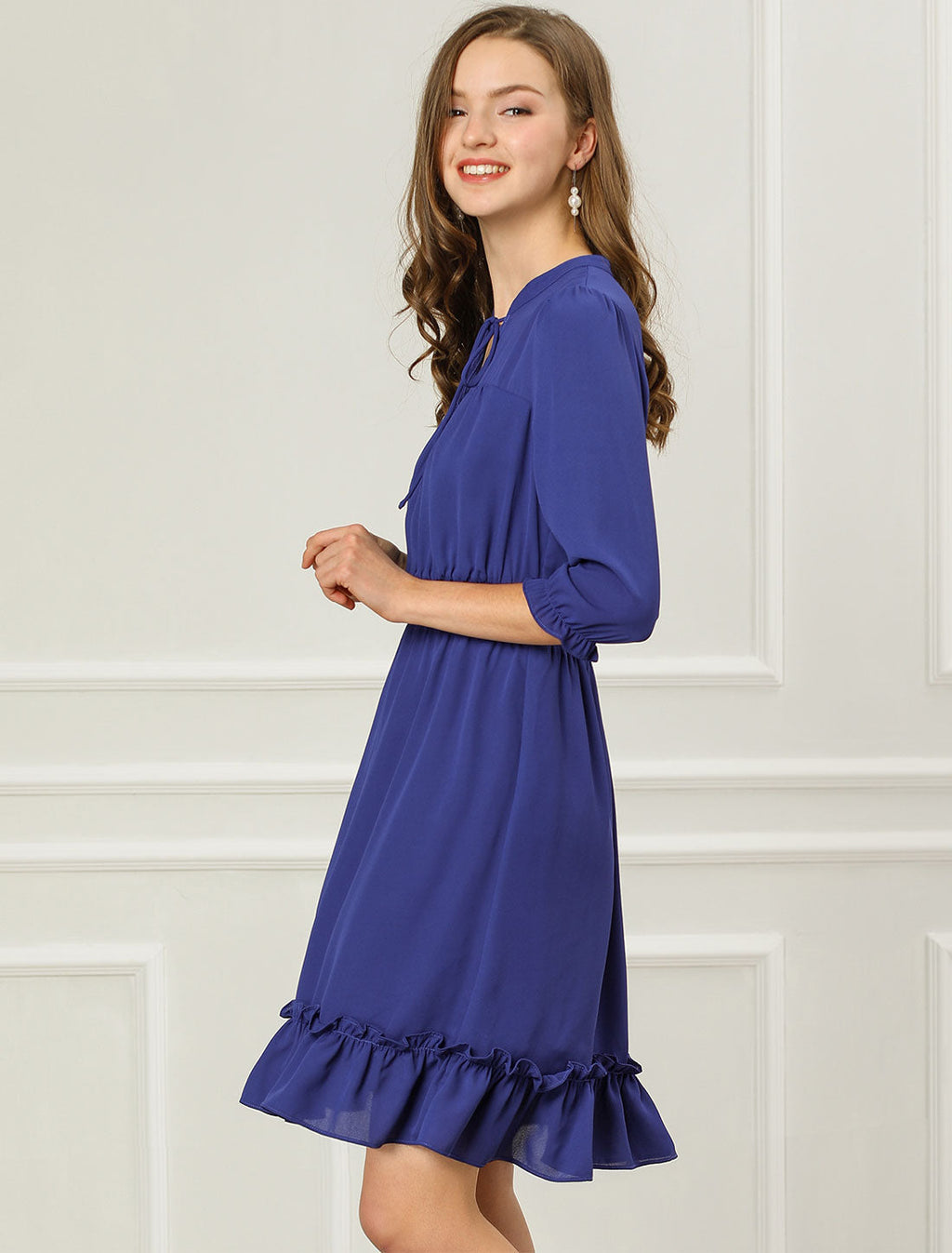 Ruffle Hem 3/4 Sleeve A-Line Smocked Midi Chiffon Dress