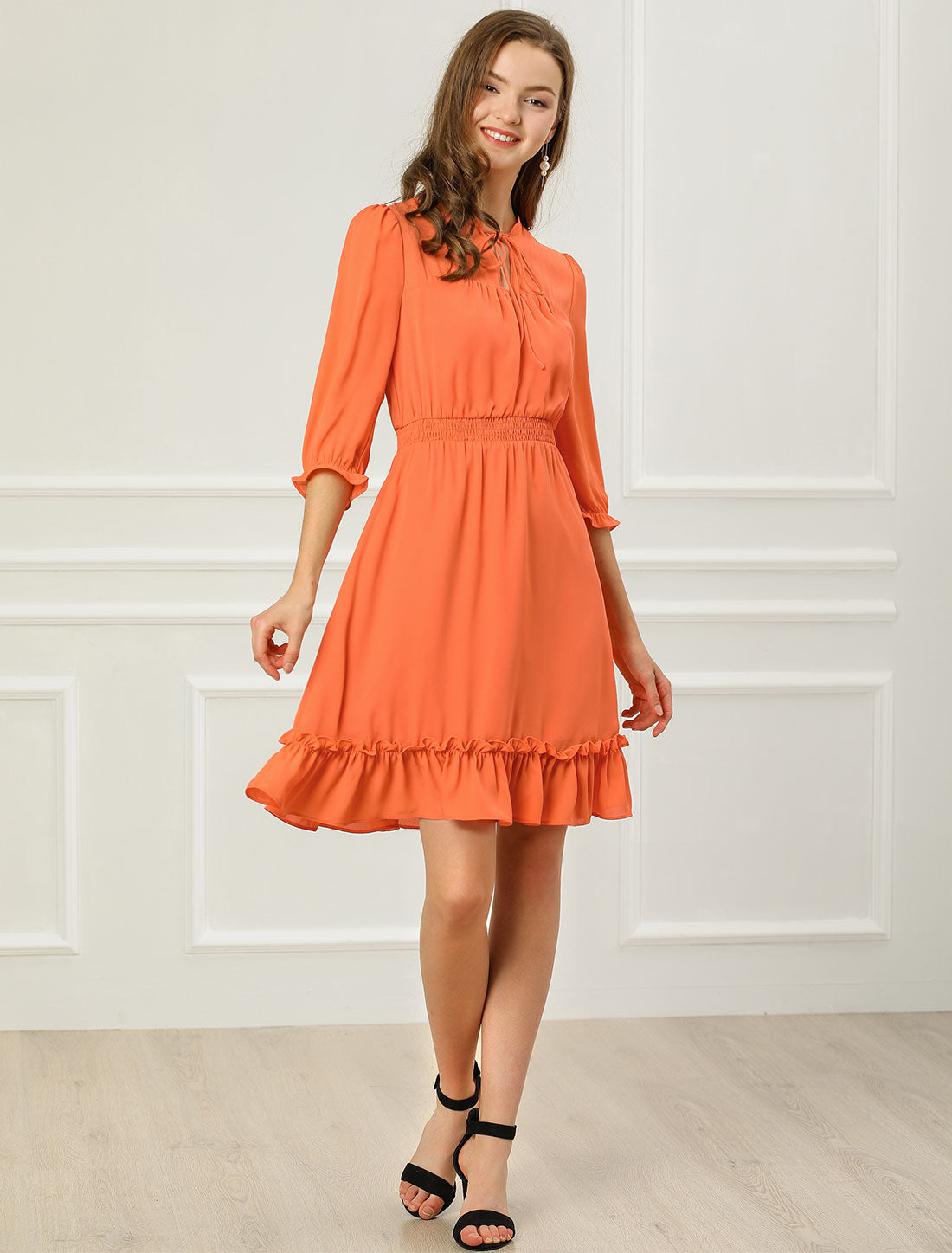Ruffle Hem 3/4 Sleeve A-Line Smocked Midi Chiffon Dress