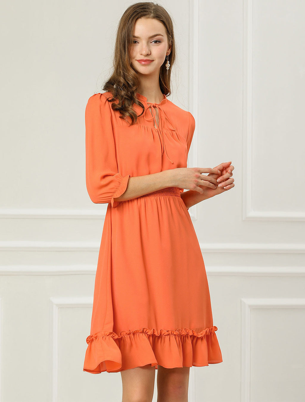 Ruffle Hem 3/4 Sleeve A-Line Smocked Midi Chiffon Dress
