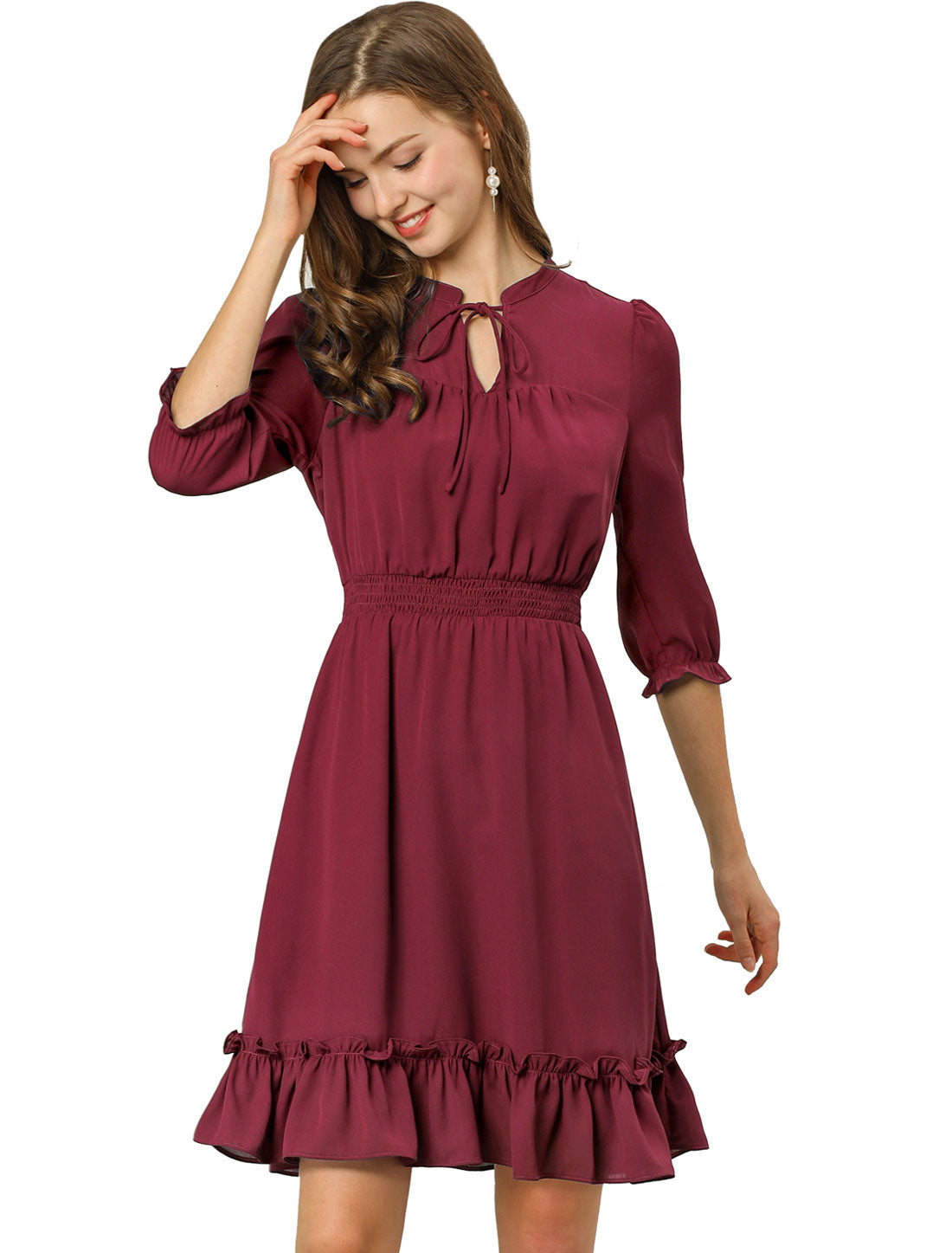 Ruffle Hem 3/4 Sleeve A-Line Smocked Midi Chiffon Dress