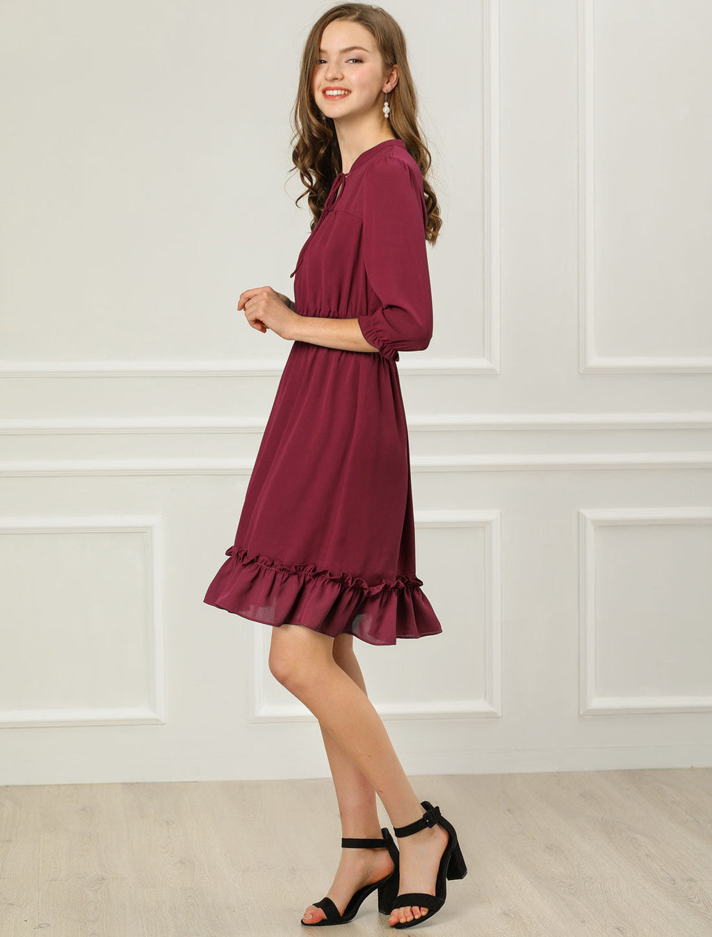 Ruffle Hem 3/4 Sleeve A-Line Smocked Midi Chiffon Dress
