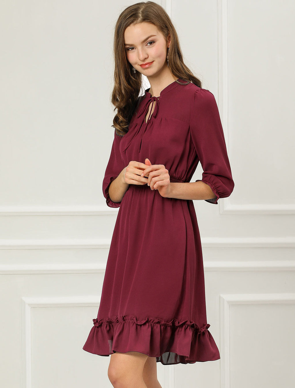 Ruffle Hem 3/4 Sleeve A-Line Smocked Midi Chiffon Dress