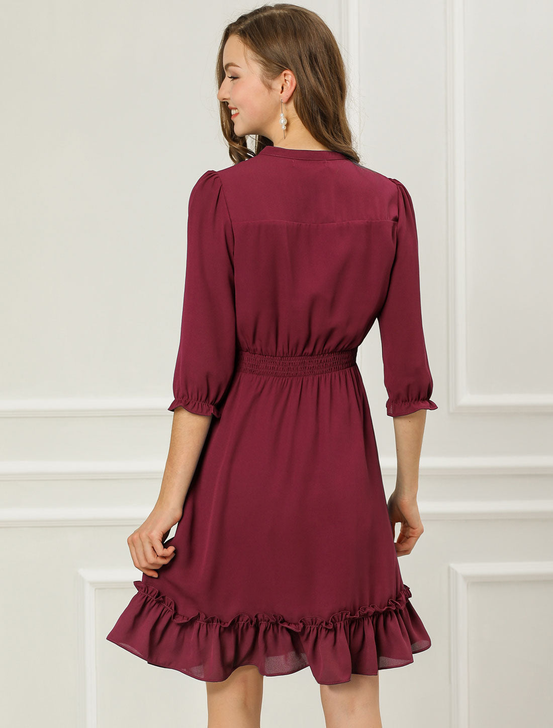 Ruffle Hem 3/4 Sleeve A-Line Smocked Midi Chiffon Dress