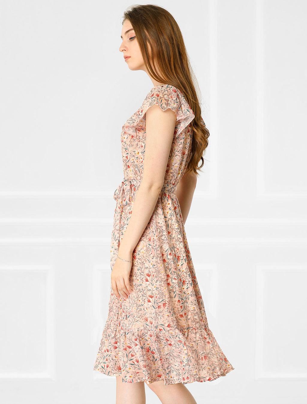 Floral Chiffon Flutter Sleeve Belted Square Neck Ruffled Hem Dress