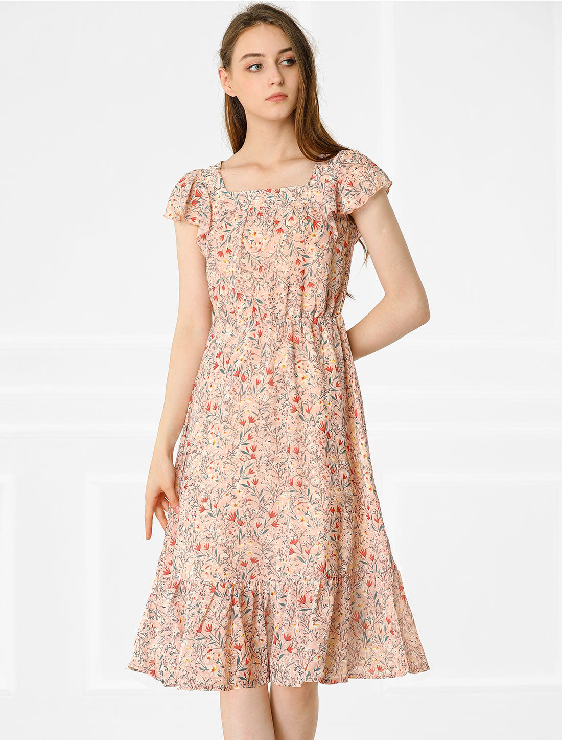 Floral Chiffon Flutter Sleeve Belted Square Neck Ruffled Hem Dress
