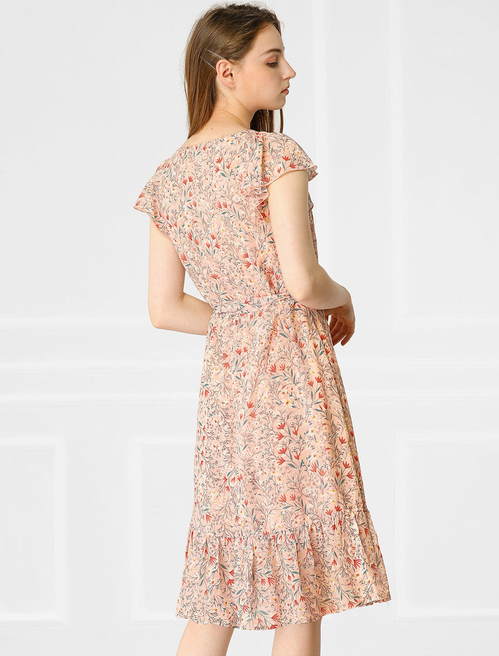 Floral Chiffon Flutter Sleeve Belted Square Neck Ruffled Hem Dress