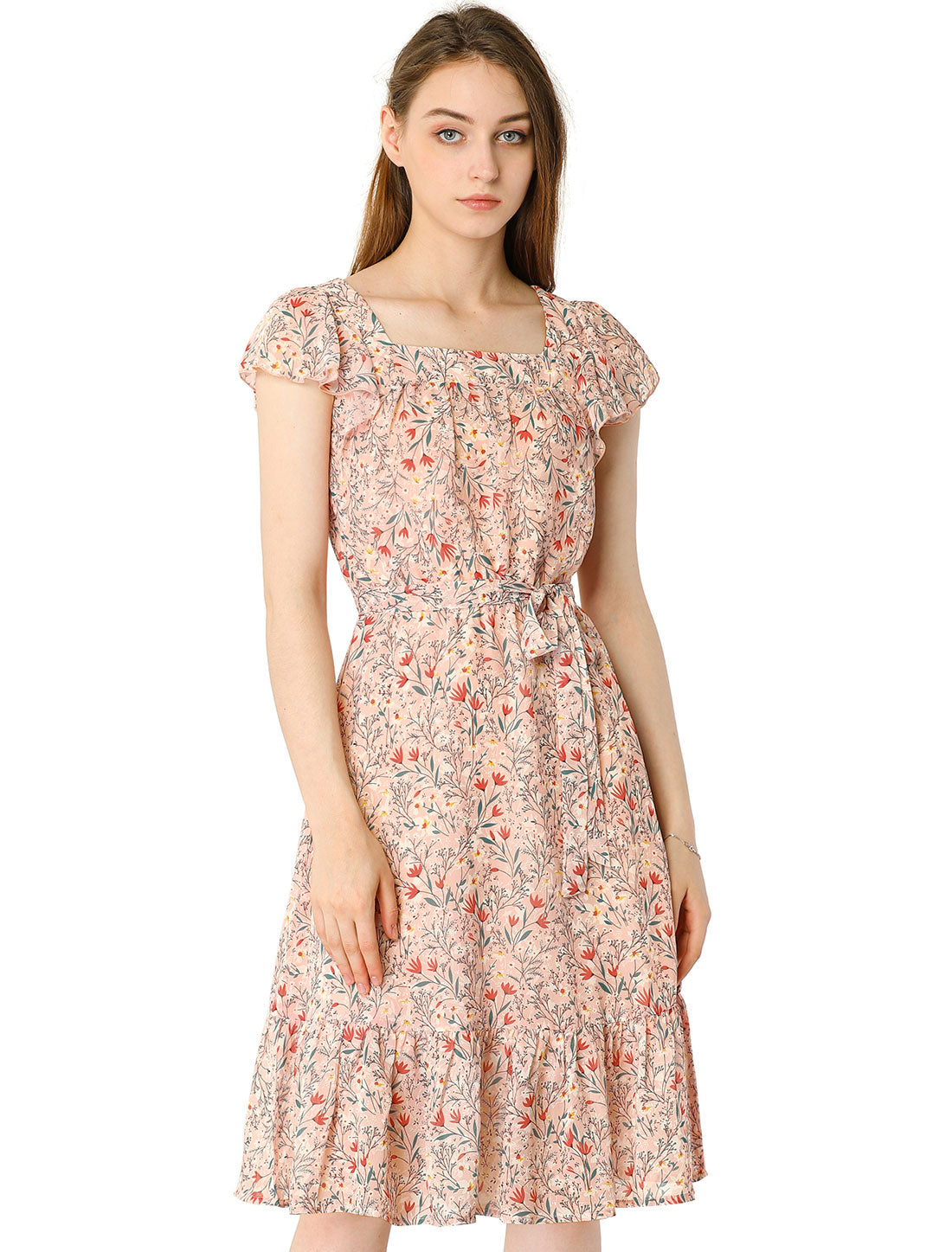 Floral Chiffon Flutter Sleeve Belted Square Neck Ruffled Hem Dress