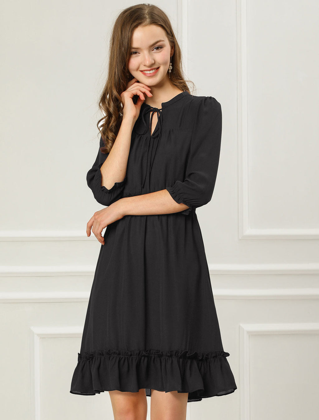 Ruffle Hem 3/4 Sleeve A-Line Smocked Midi Chiffon Dress