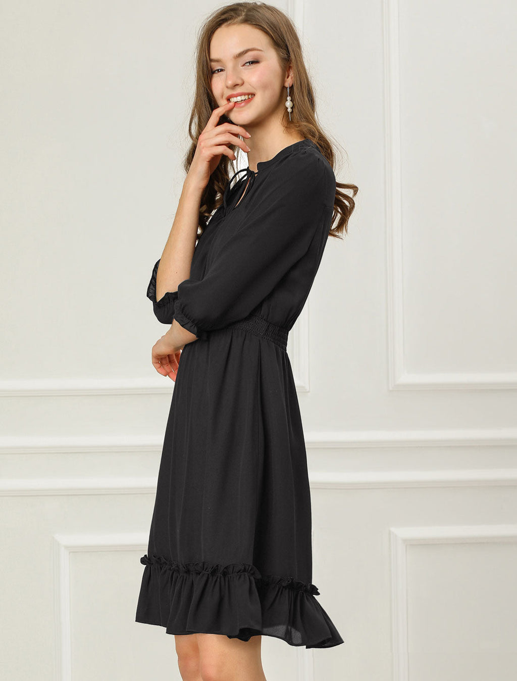 Ruffle Hem 3/4 Sleeve A-Line Smocked Midi Chiffon Dress