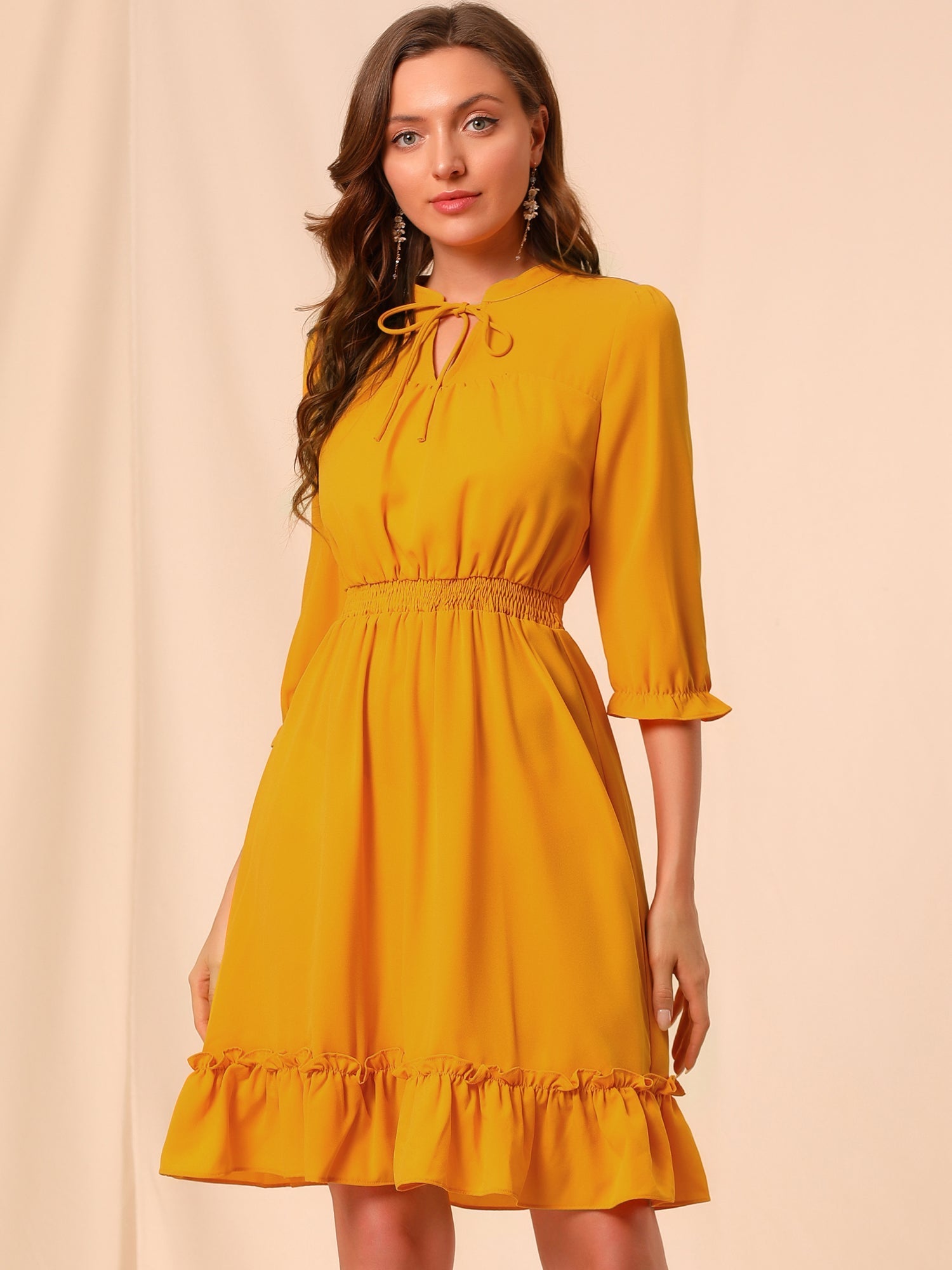 Ruffle Hem 3/4 Sleeve A-Line Smocked Midi Chiffon Dress