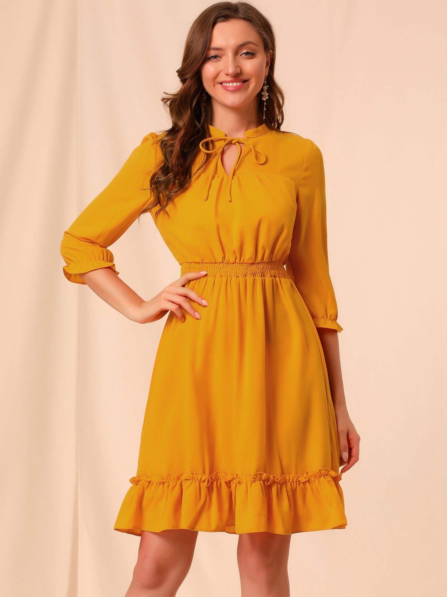 Ruffle Hem 3/4 Sleeve A-Line Smocked Midi Chiffon Dress