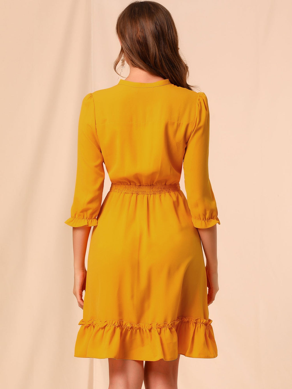 Ruffle Hem 3/4 Sleeve A-Line Smocked Midi Chiffon Dress