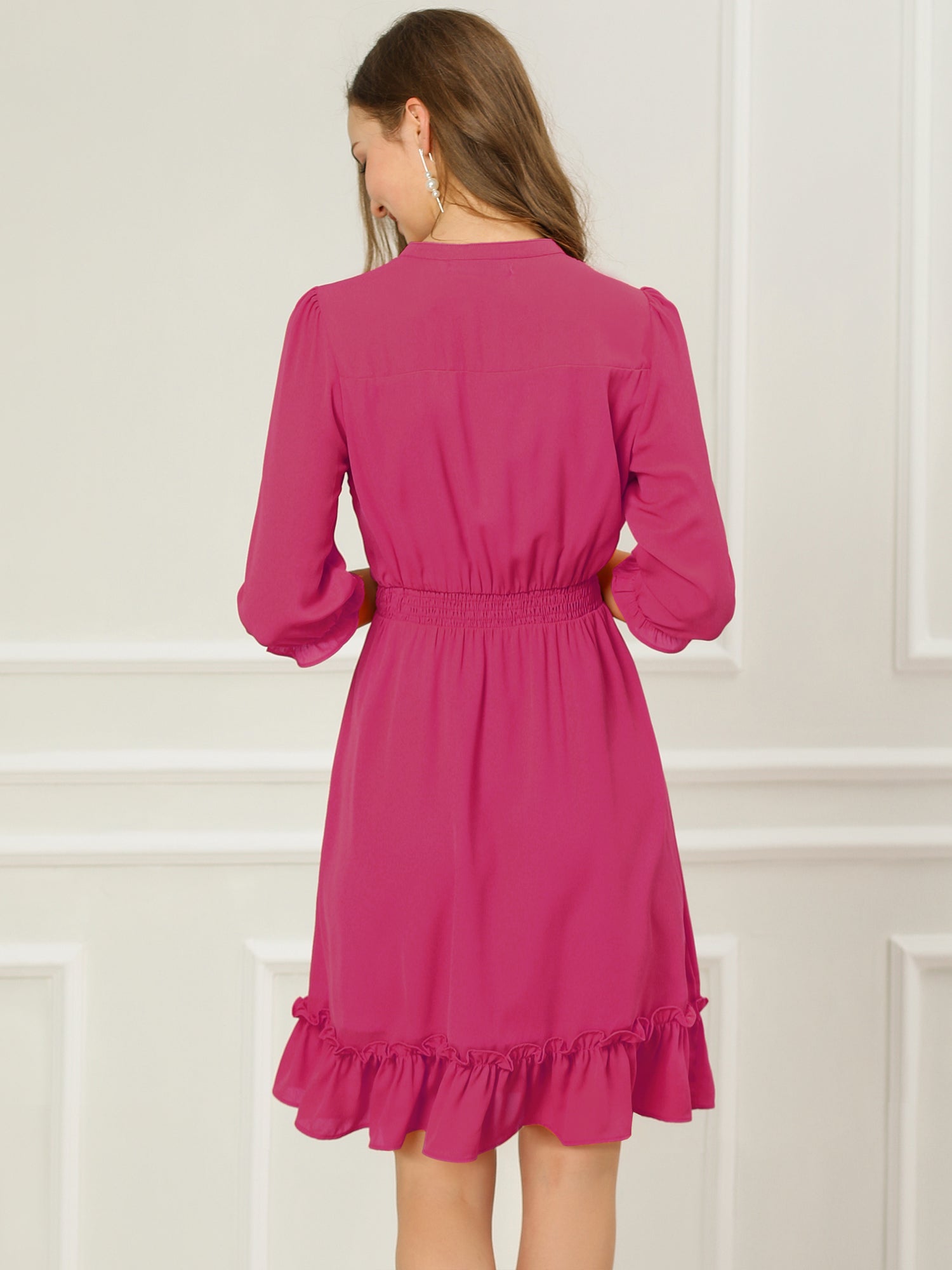 Ruffle Hem 3/4 Sleeve A-Line Smocked Midi Chiffon Dress