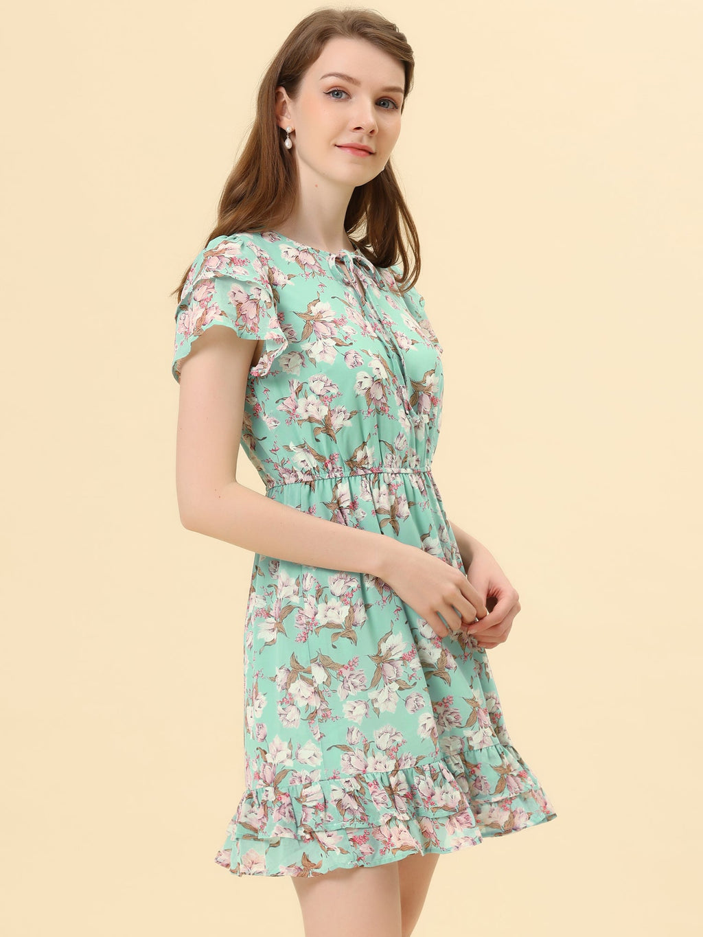 Ruffle Sleeve V Neck Above Knee A-Line Floral Chiffon Dress