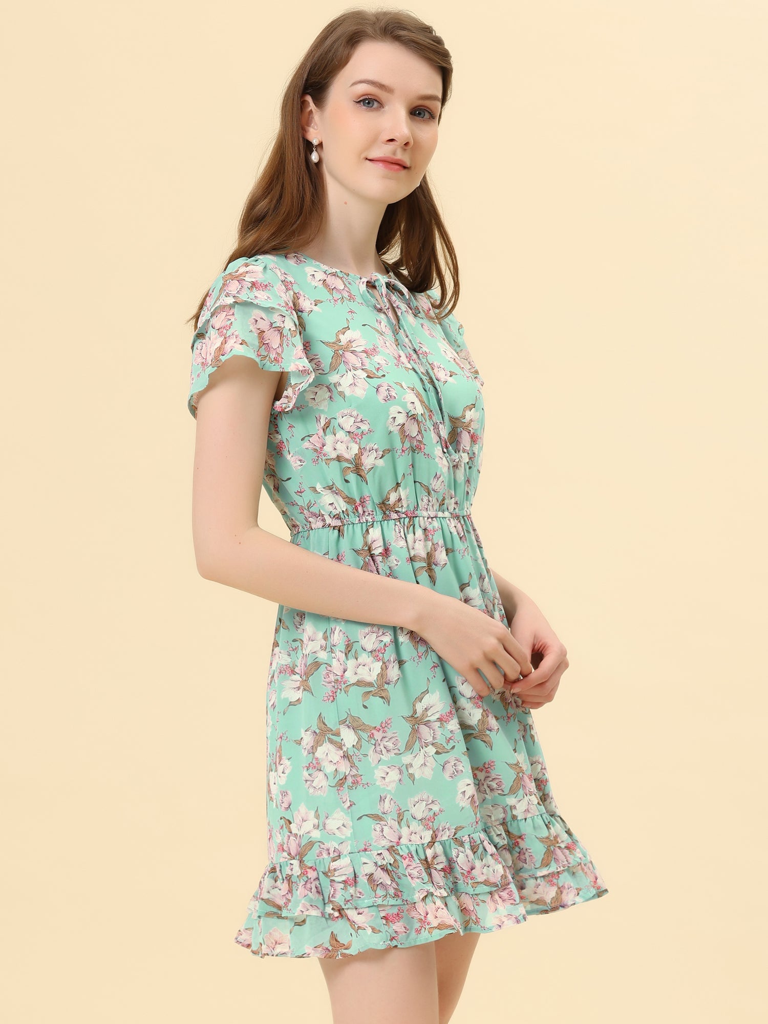 Ruffle Sleeve V Neck Above Knee A-Line Floral Chiffon Dress