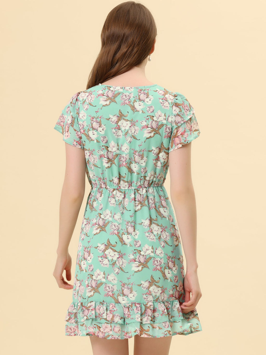 Ruffle Sleeve V Neck Above Knee A-Line Floral Chiffon Dress