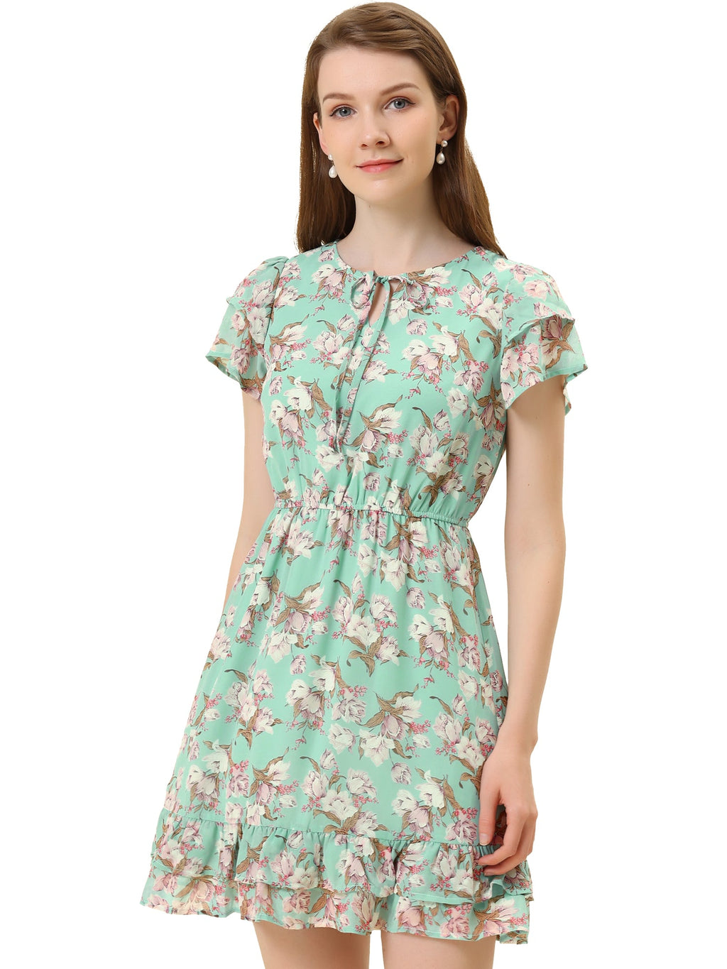 Ruffle Sleeve V Neck Above Knee A-Line Floral Chiffon Dress