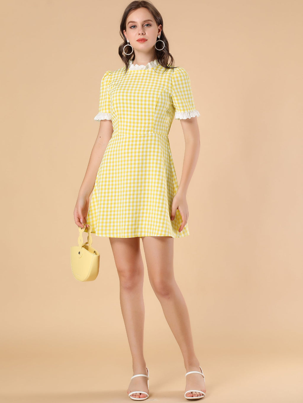 Summer Ruffle Neck Lace Panel Short Sleeve Check Gingham Dress