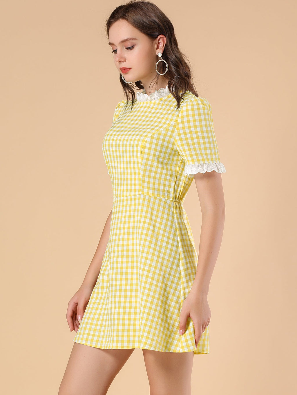 Summer Ruffle Neck Lace Panel Short Sleeve Check Gingham Dress