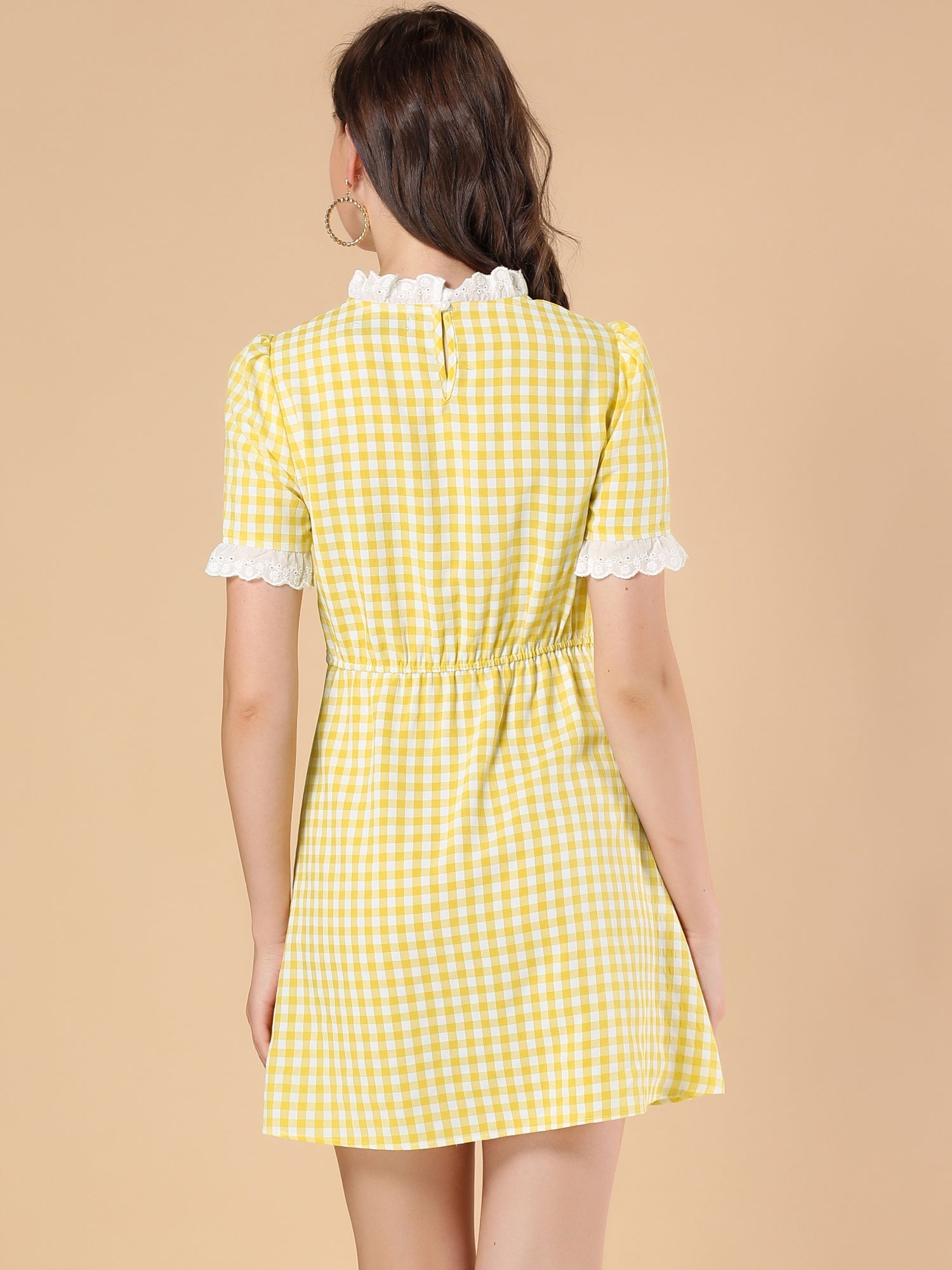 Summer Ruffle Neck Lace Panel Short Sleeve Check Gingham Dress