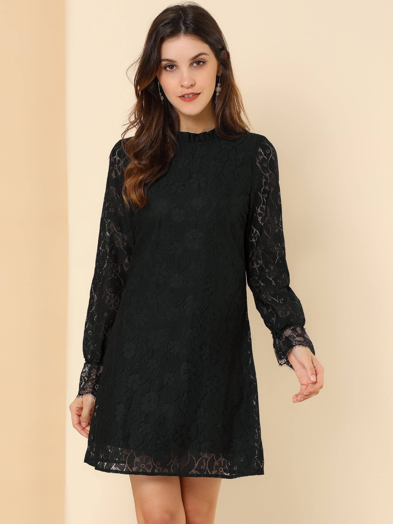 Lace Floral Ruffle Crew Neck Cocktail Mini Dress