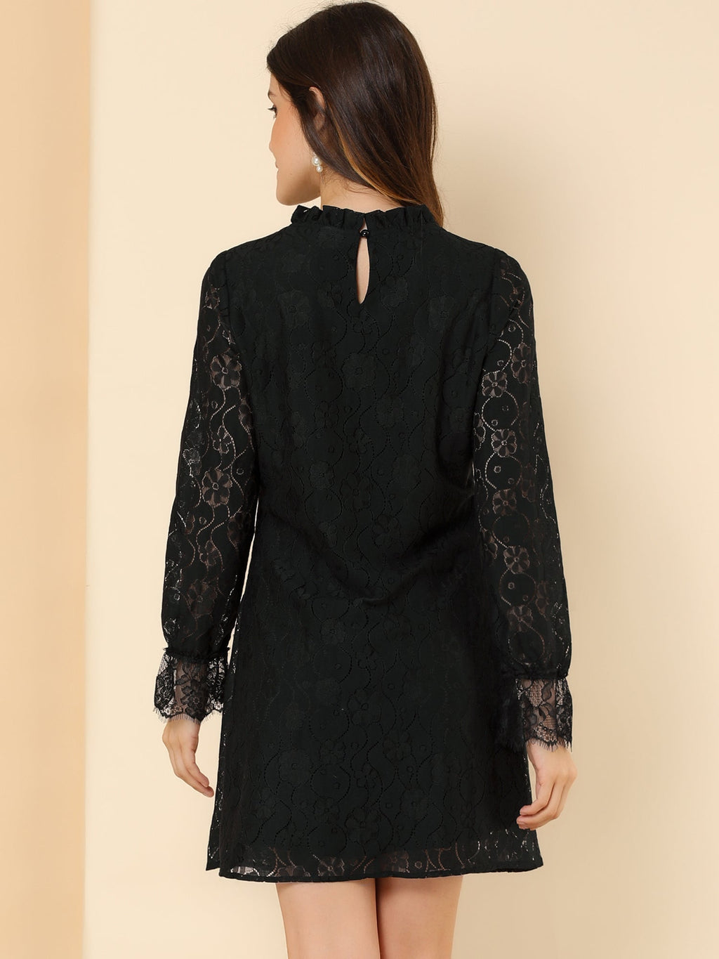 Lace Floral Ruffle Crew Neck Cocktail Mini Dress