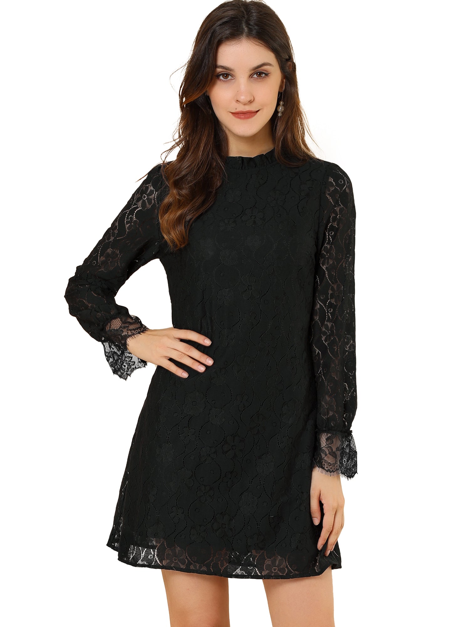 Lace Floral Ruffle Crew Neck Cocktail Mini Dress