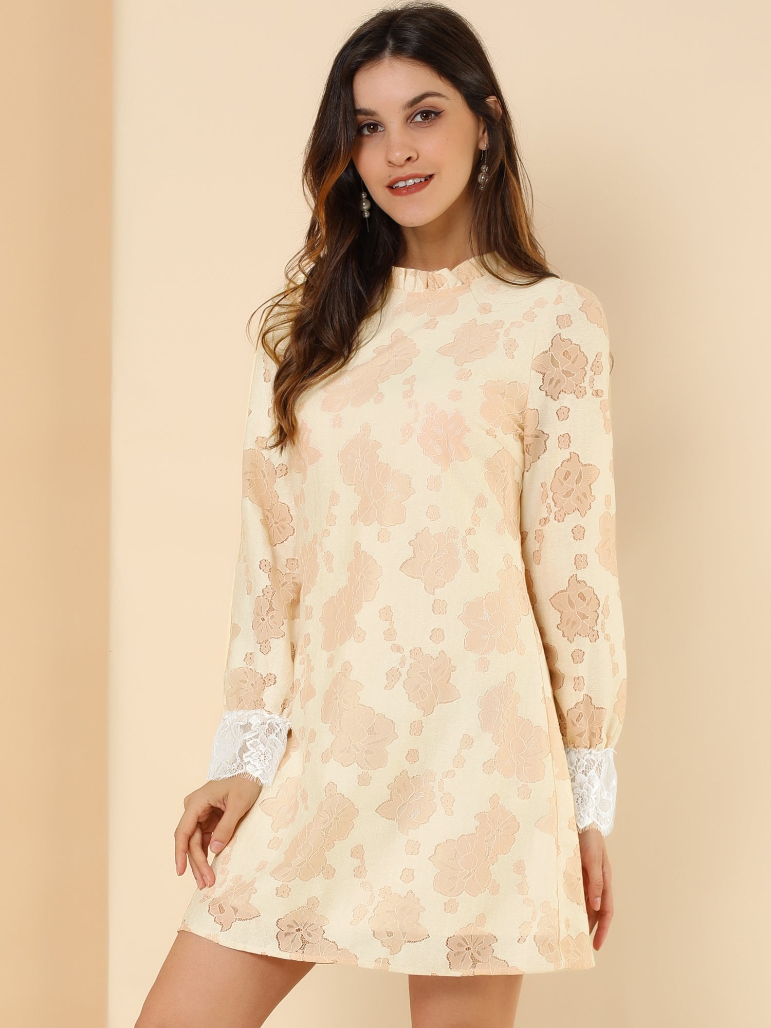 Lace Floral Ruffle Crew Neck Cocktail Mini Dress