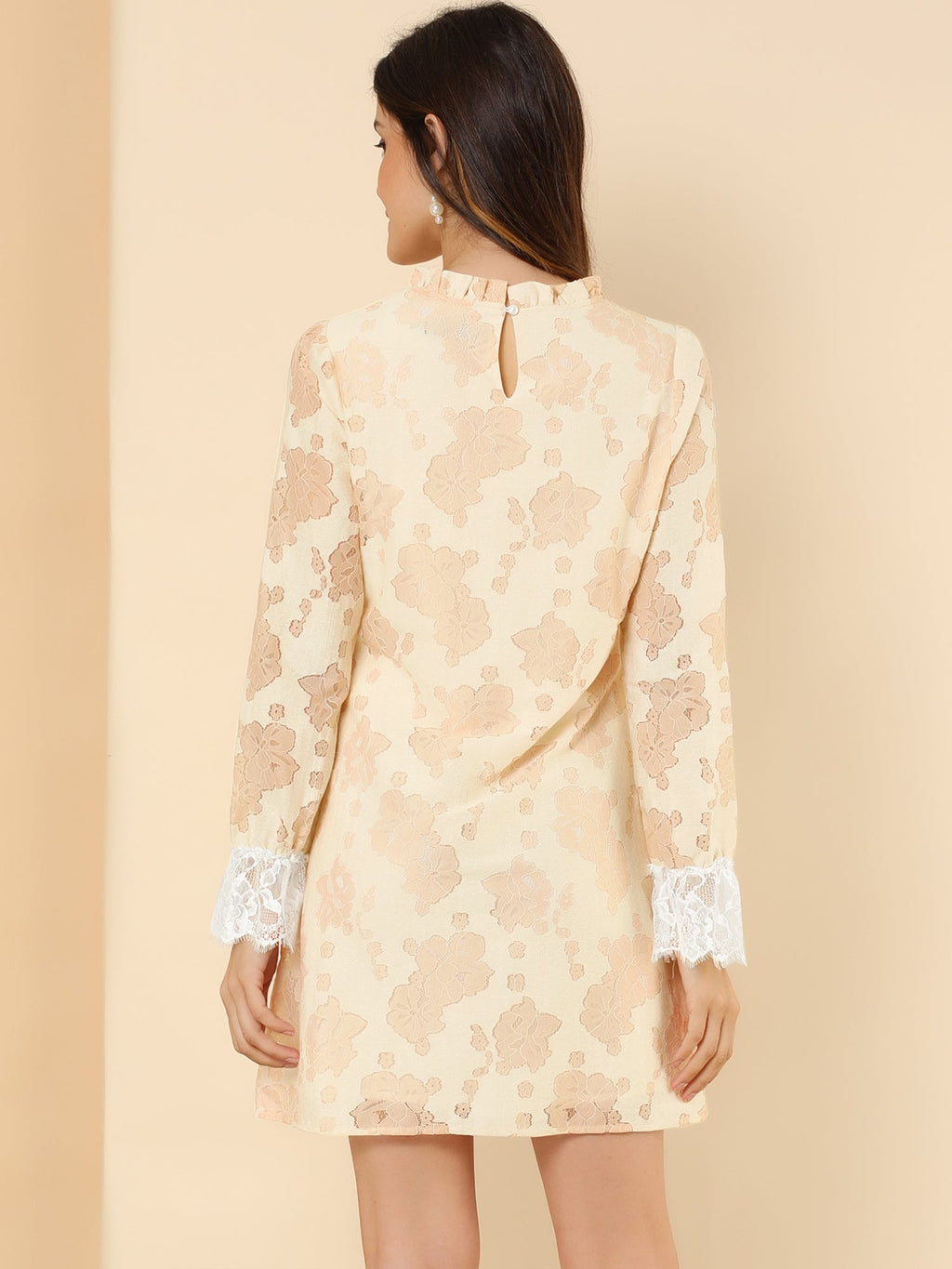 Lace Floral Ruffle Crew Neck Cocktail Mini Dress