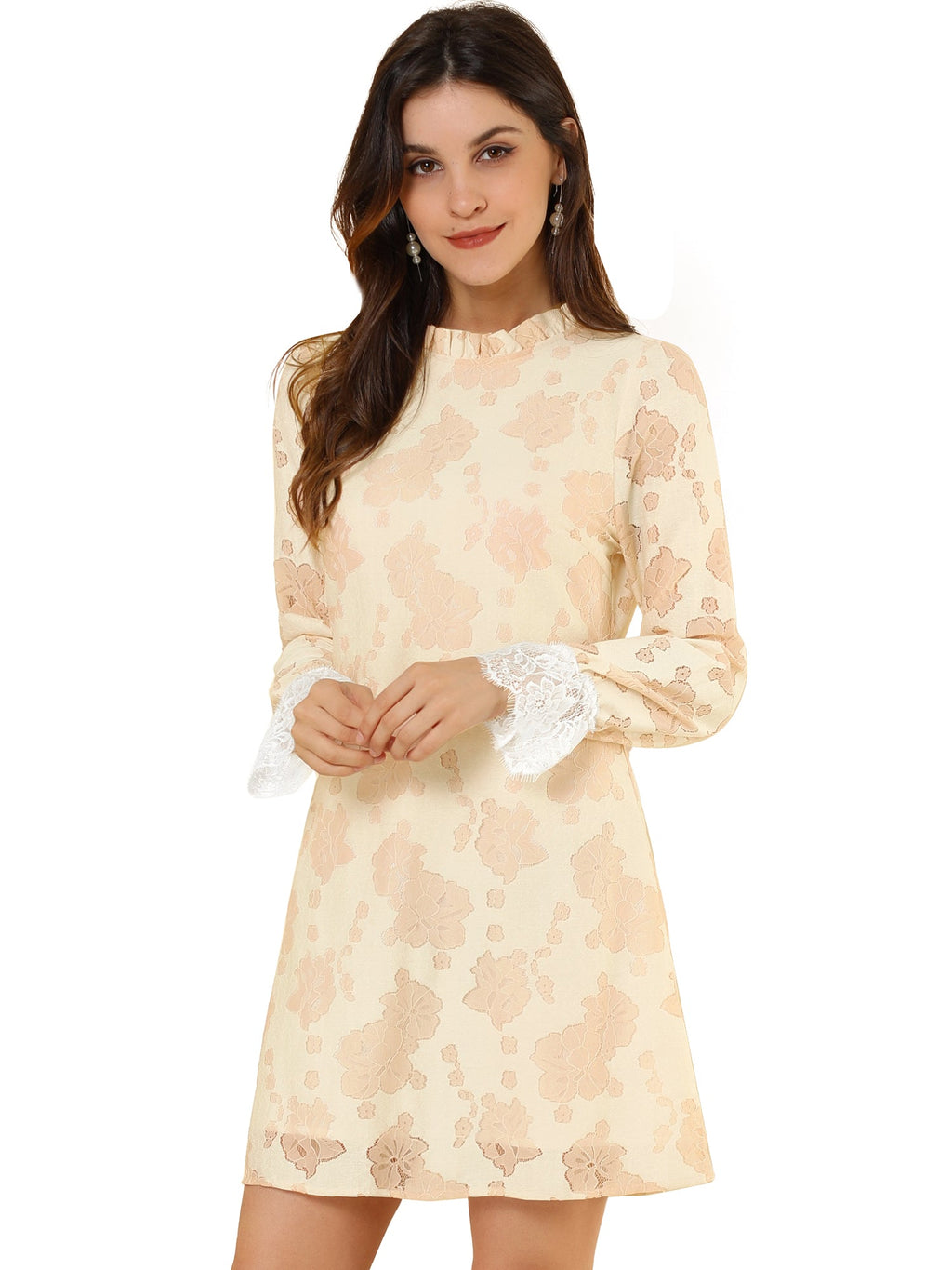 Lace Floral Ruffle Crew Neck Cocktail Mini Dress